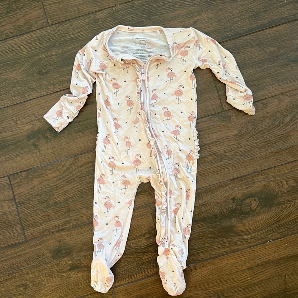 Posh Peanut zipper footie pajamas. 9-12 month. Pink flamingos